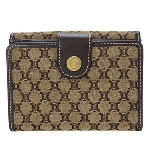 Celine Bifold Wallet Macadam Canvas Leather Beige Dark Brown Compact W Hook